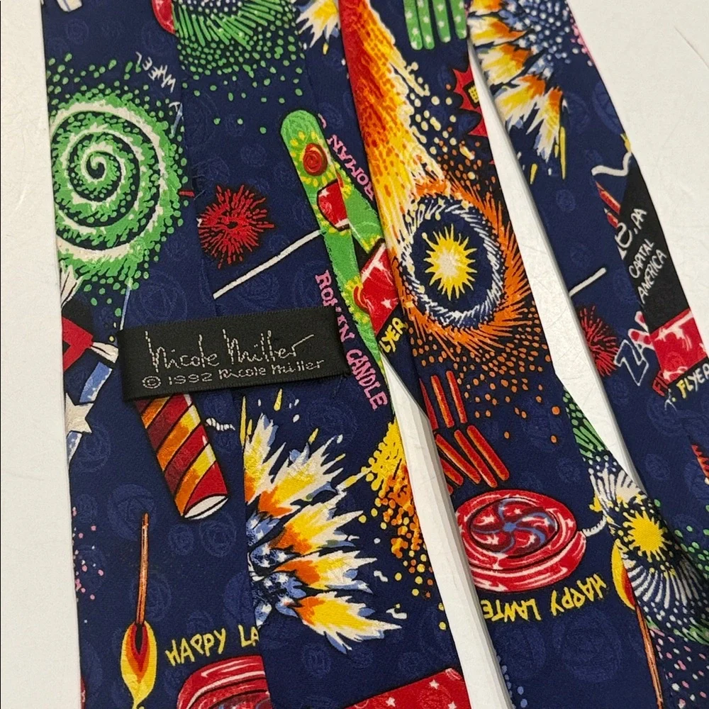 VTG 90s Nicole Miller 100% Silk Fireworks Tie Novelty Print New Castle PA